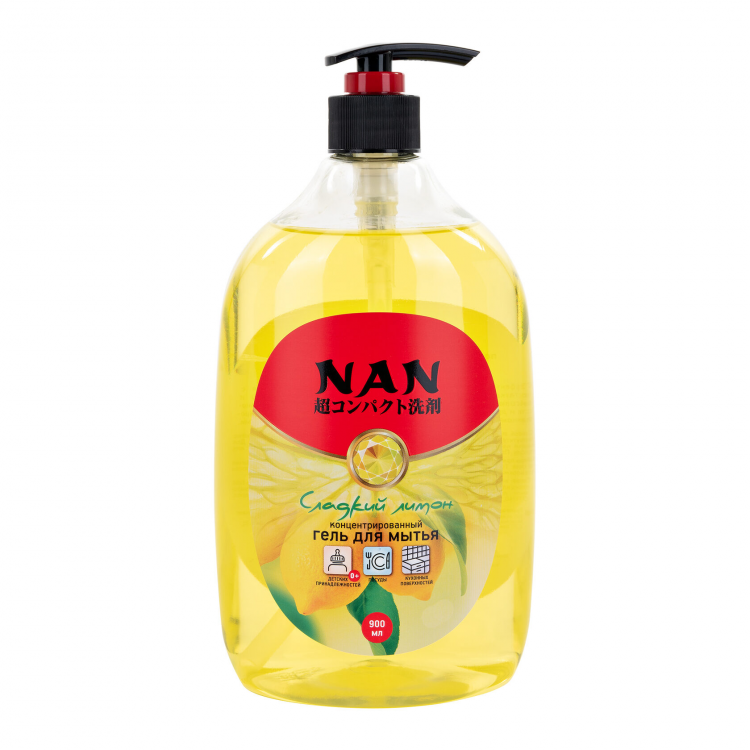 NAN Гель для мытья посуды и детских принадлежностей Сладкий Лимон с дозатором, 900 мл